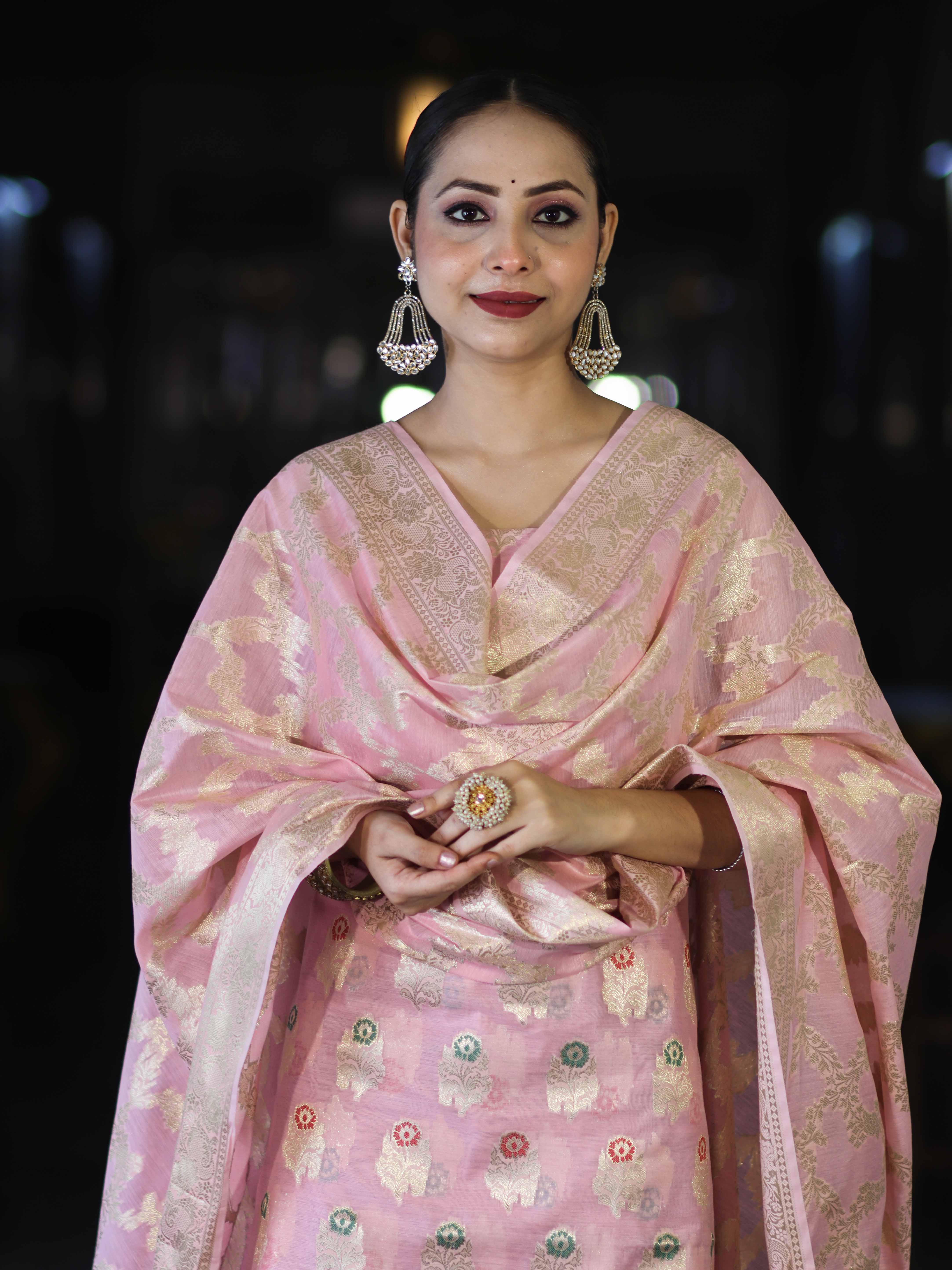 Banarasee Cotton Silk Zari Work Salwar Kameez Fabric With Jaal Design Dupatta Set-Light Pink