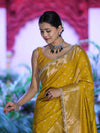 Banarasee Handloom Semi Silk Saree With Zari Buti Design & Lace Border-Yellow