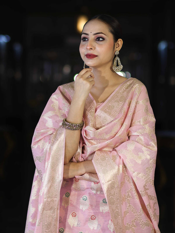 Banarasee Cotton Silk Zari Work Salwar Kameez Fabric With Jaal Design Dupatta Set-Light Pink