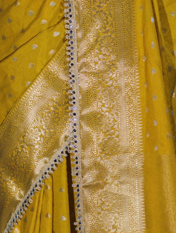 Banarasee Handloom Semi Silk Saree With Zari Buti Design & Lace Border-Yellow