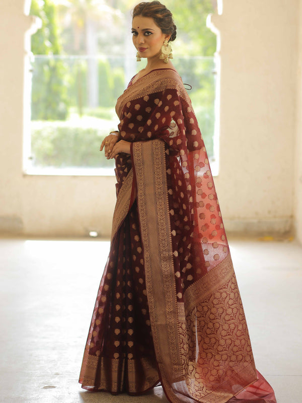 Banarasee Organza Mix Saree With Zari Buti Design & Border-Brown