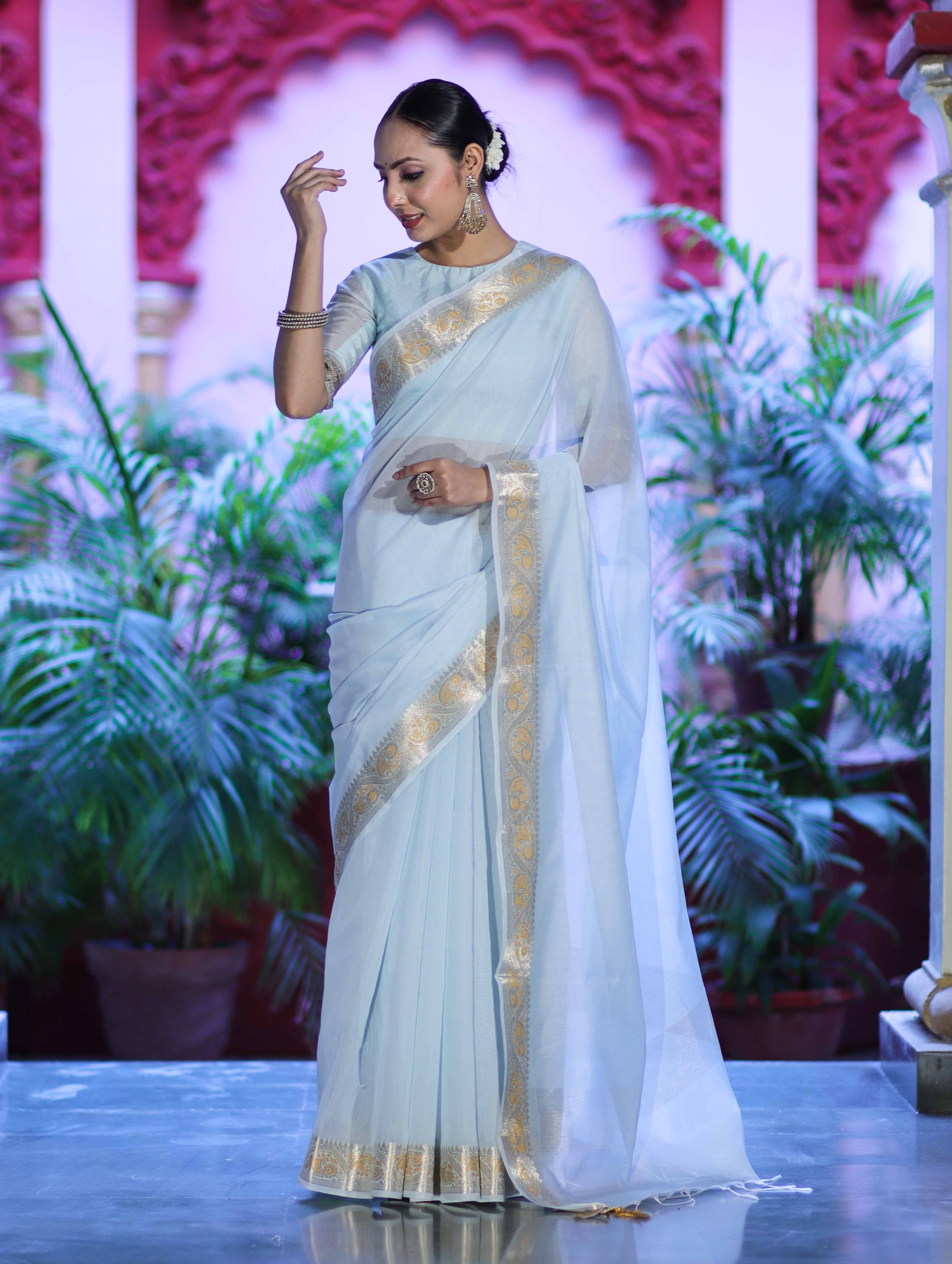 Banarasee Cotton Silk Plain Saree With Floral Zari Border-Light Blue
