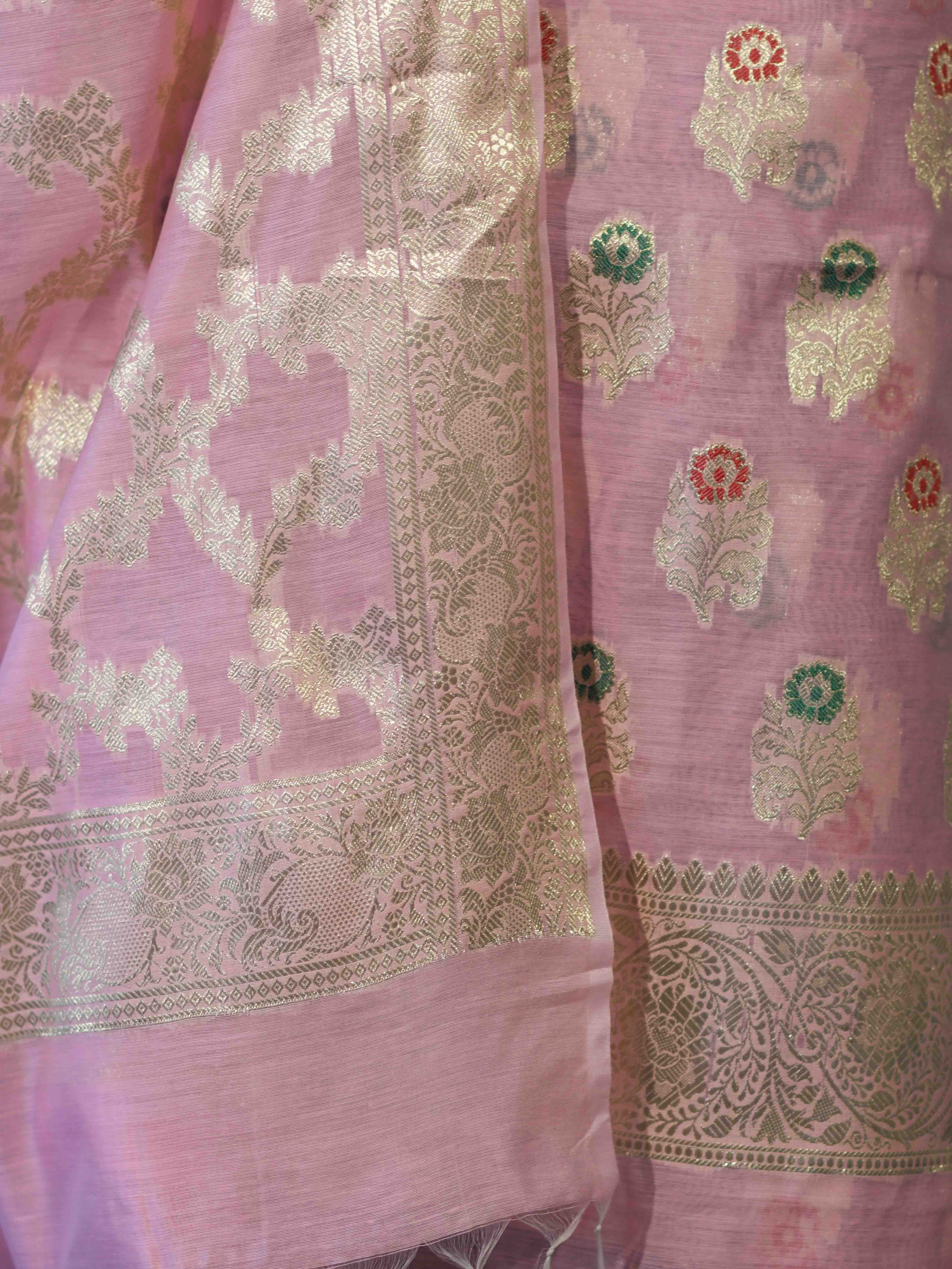 Banarasee Cotton Silk Zari Work Salwar Kameez Fabric With Jaal Design Dupatta Set-Light Pink