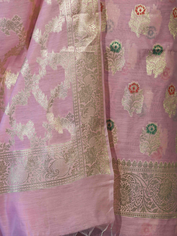 Banarasee Cotton Silk Zari Work Salwar Kameez Fabric With Jaal Design Dupatta Set-Light Pink