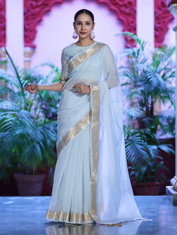 Banarasee Cotton Silk Plain Saree With Floral Zari Border-Light Blue