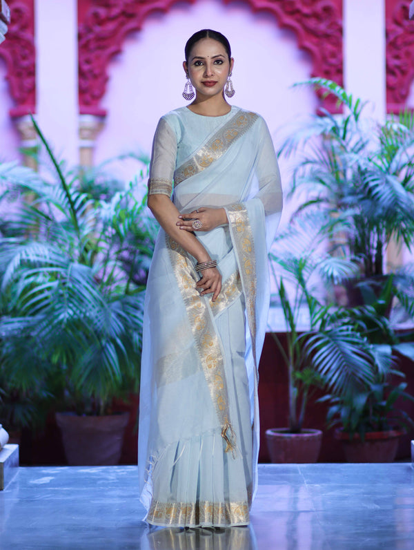 Banarasee Cotton Silk Plain Saree With Floral Zari Border-Light Blue