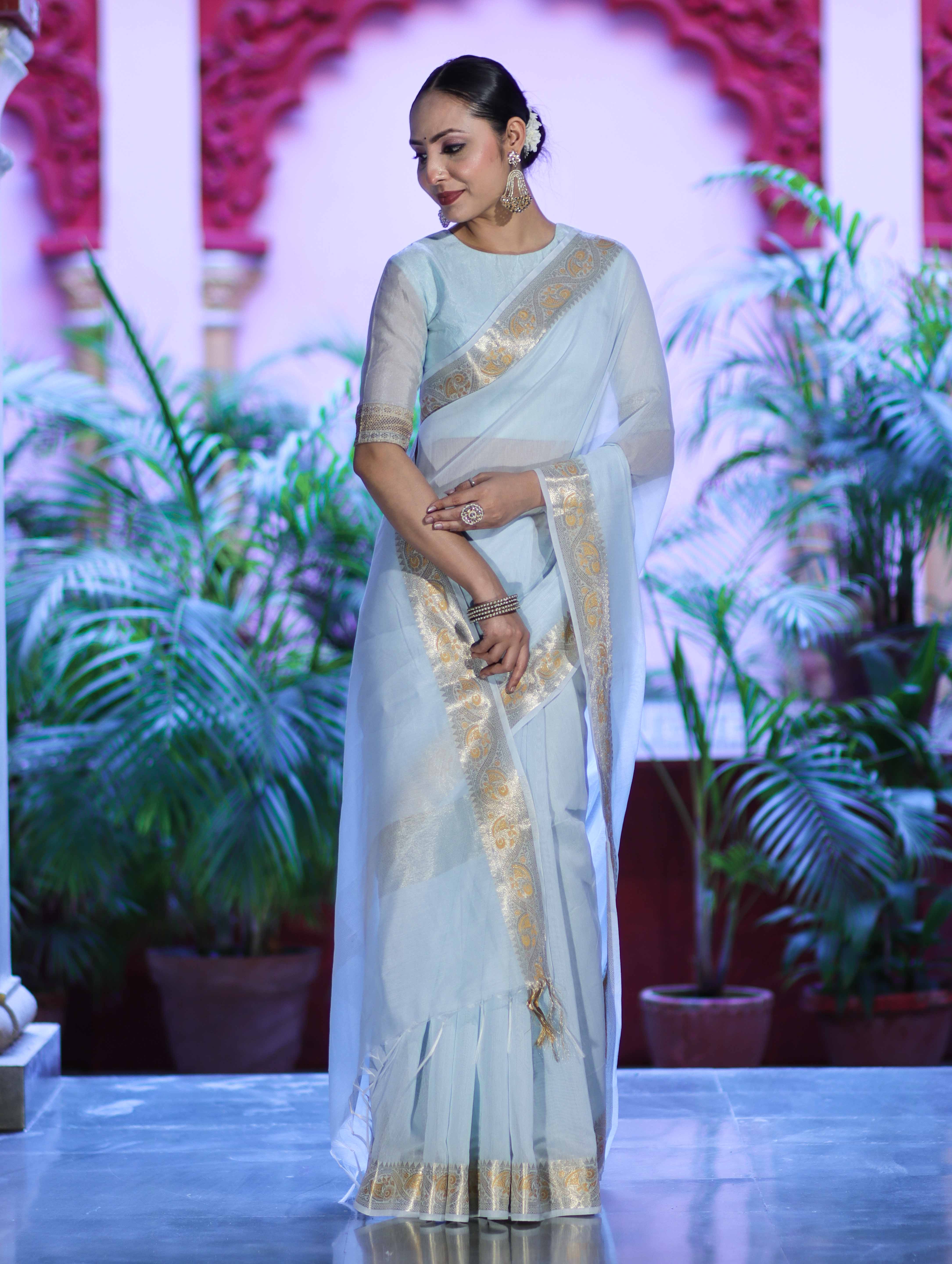 Banarasee Cotton Silk Plain Saree With Floral Zari Border-Light Blue