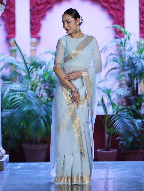Banarasee Cotton Silk Plain Saree With Floral Zari Border-Light Blue