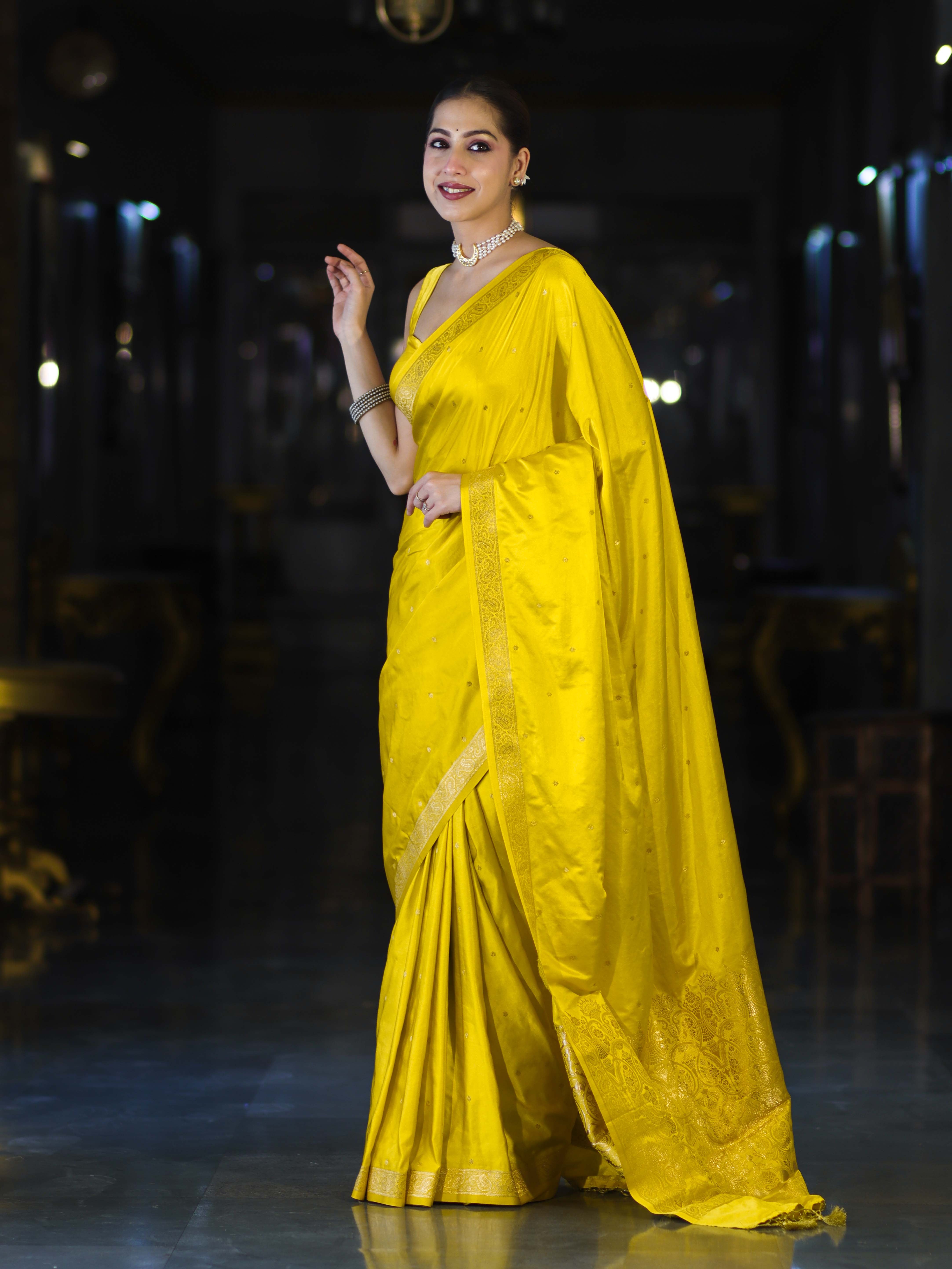 Banarasee Mashru Silk Saree With Zari Motifs & Floral Border-Yellow