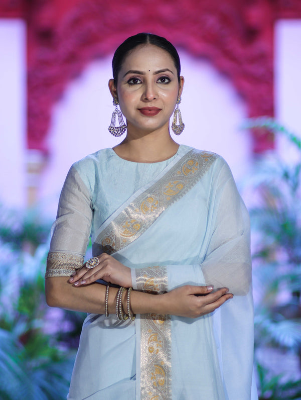 Banarasee Cotton Silk Plain Saree With Floral Zari Border-Light Blue