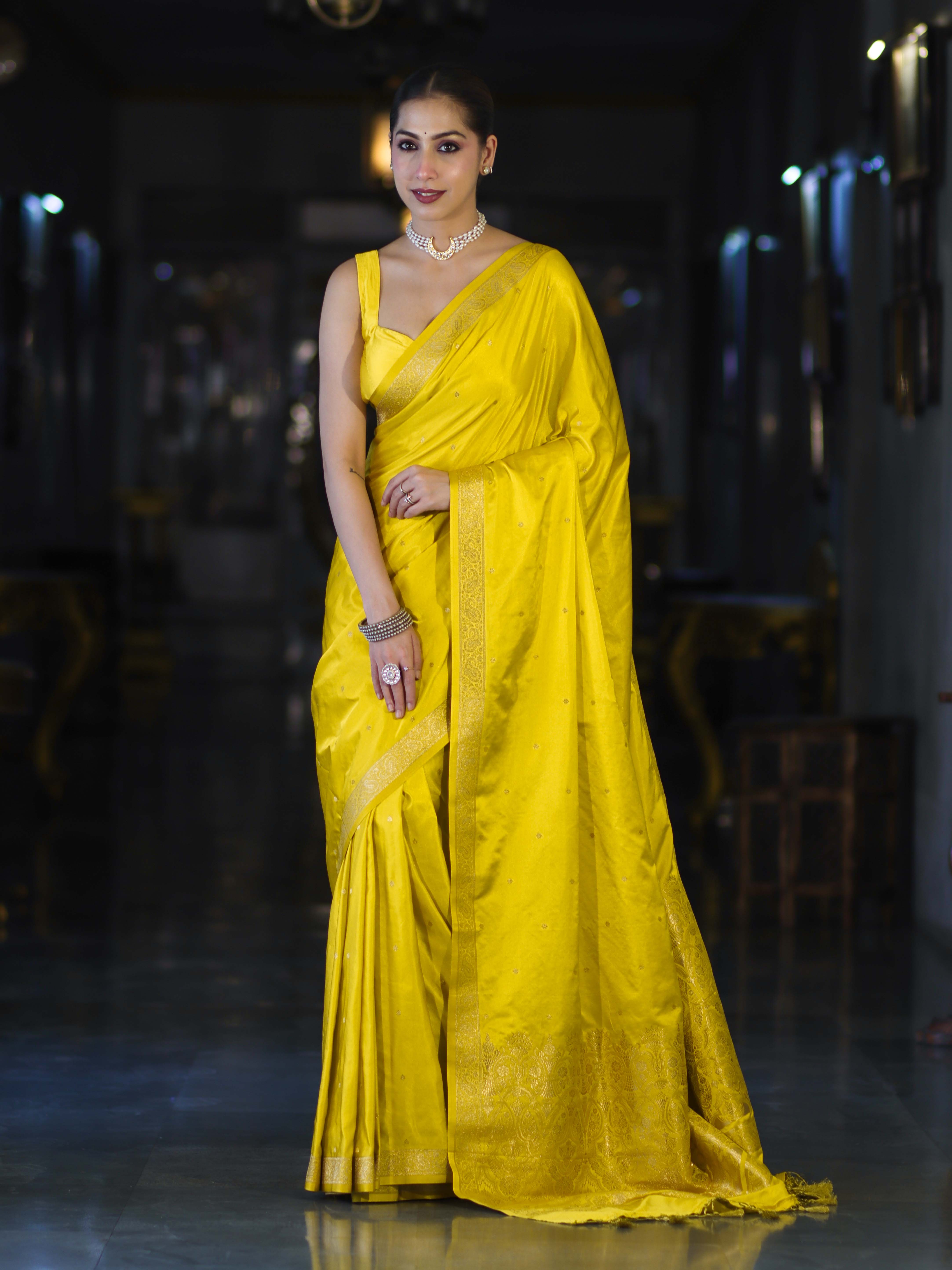 Banarasee Mashru Silk Saree With Zari Motifs & Floral Border-Yellow