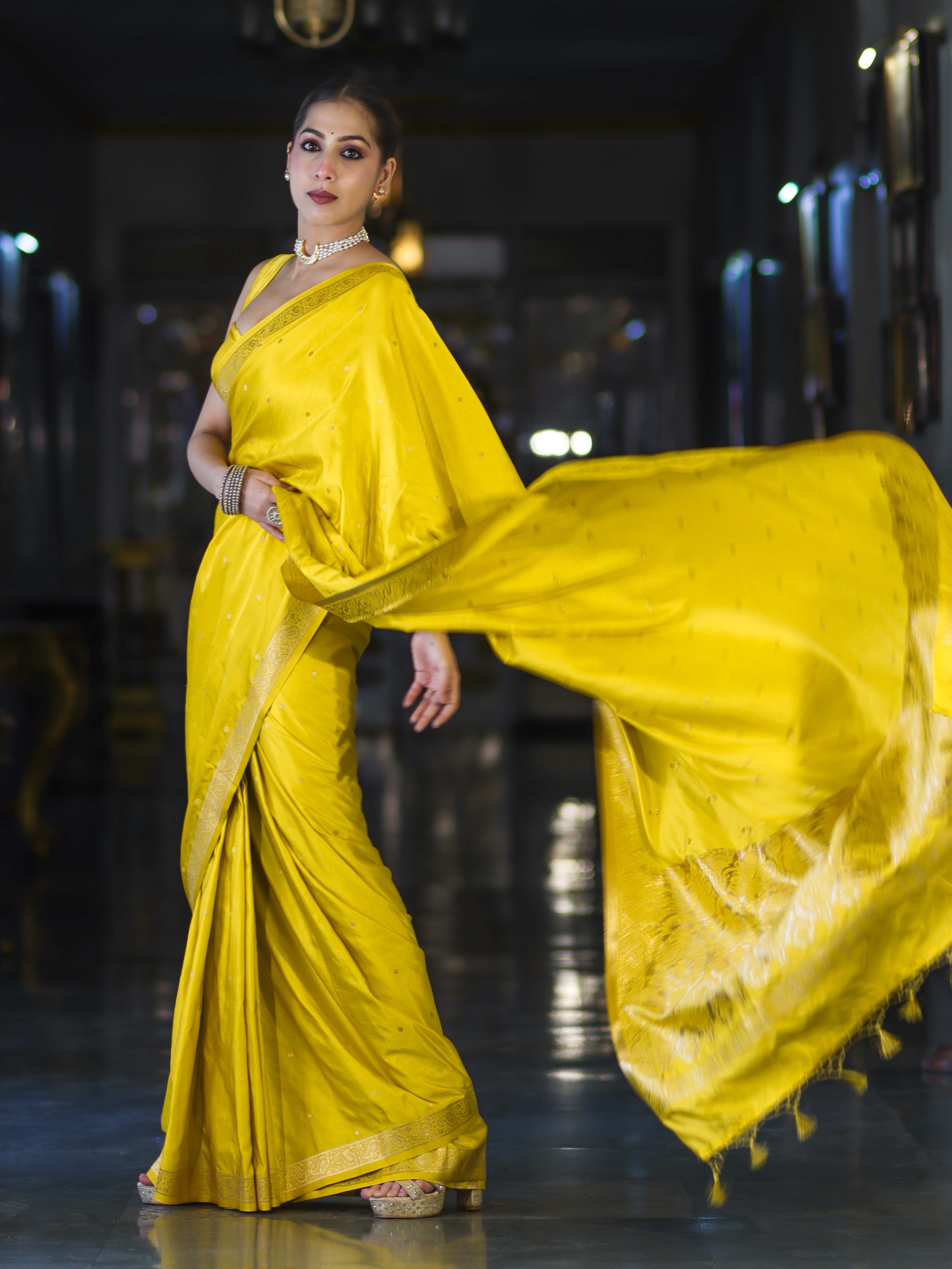 Banarasee Mashru Silk Saree With Zari Motifs & Floral Border-Yellow