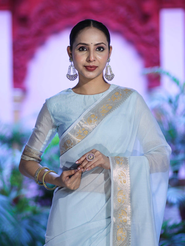 Banarasee Cotton Silk Plain Saree With Floral Zari Border-Light Blue