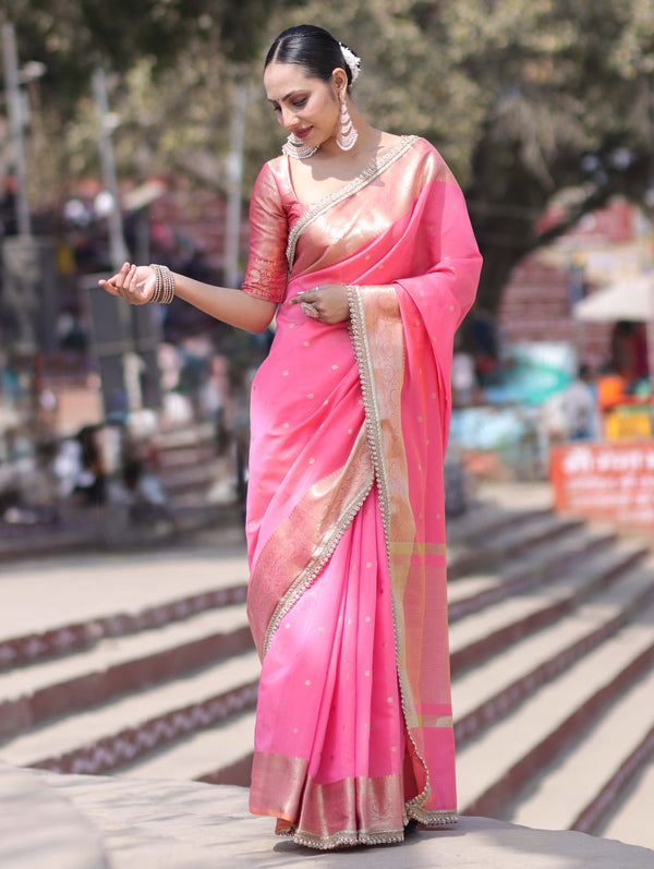 Banarasee Handloom Semi Silk Saree With Buti Design Zari Border & Lace-Hot Pink