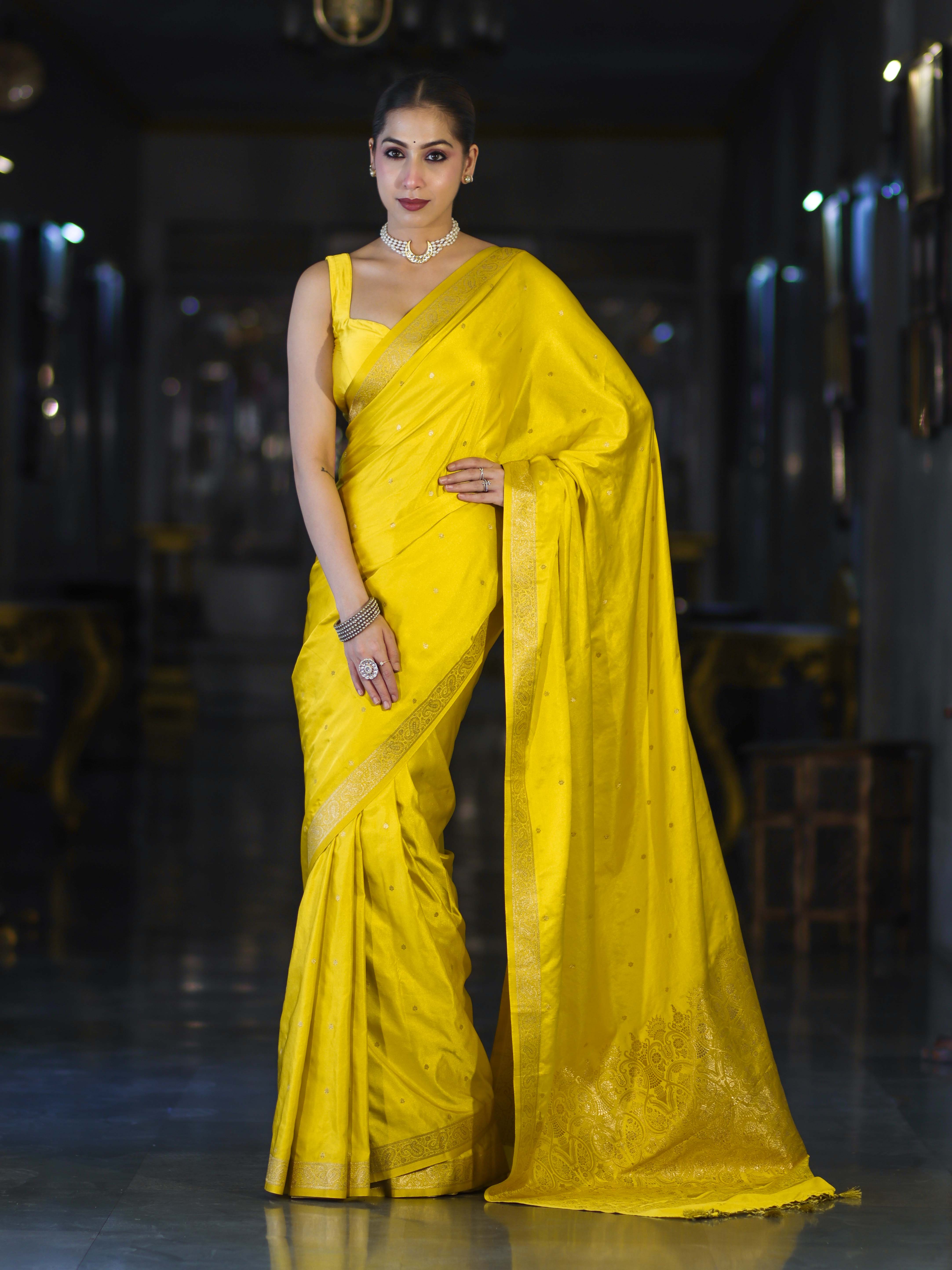 Banarasee Mashru Silk Saree With Zari Motifs & Floral Border-Yellow