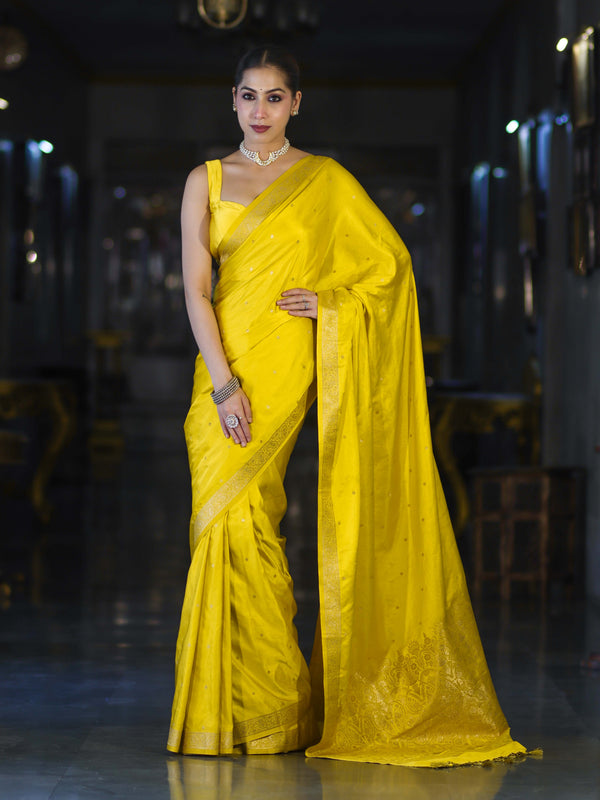 Banarasee Mashru Silk Saree With Zari Motifs & Floral Border-Yellow