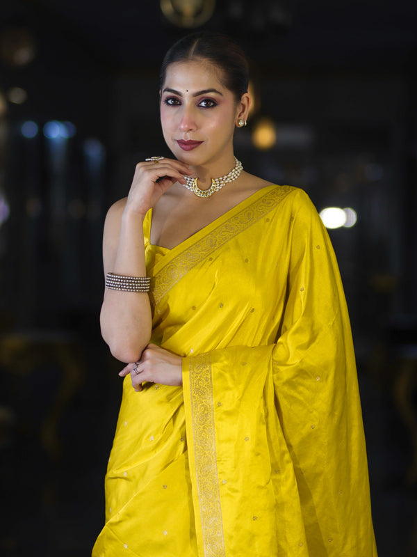 Banarasee Mashru Silk Saree With Zari Motifs & Floral Border-Yellow