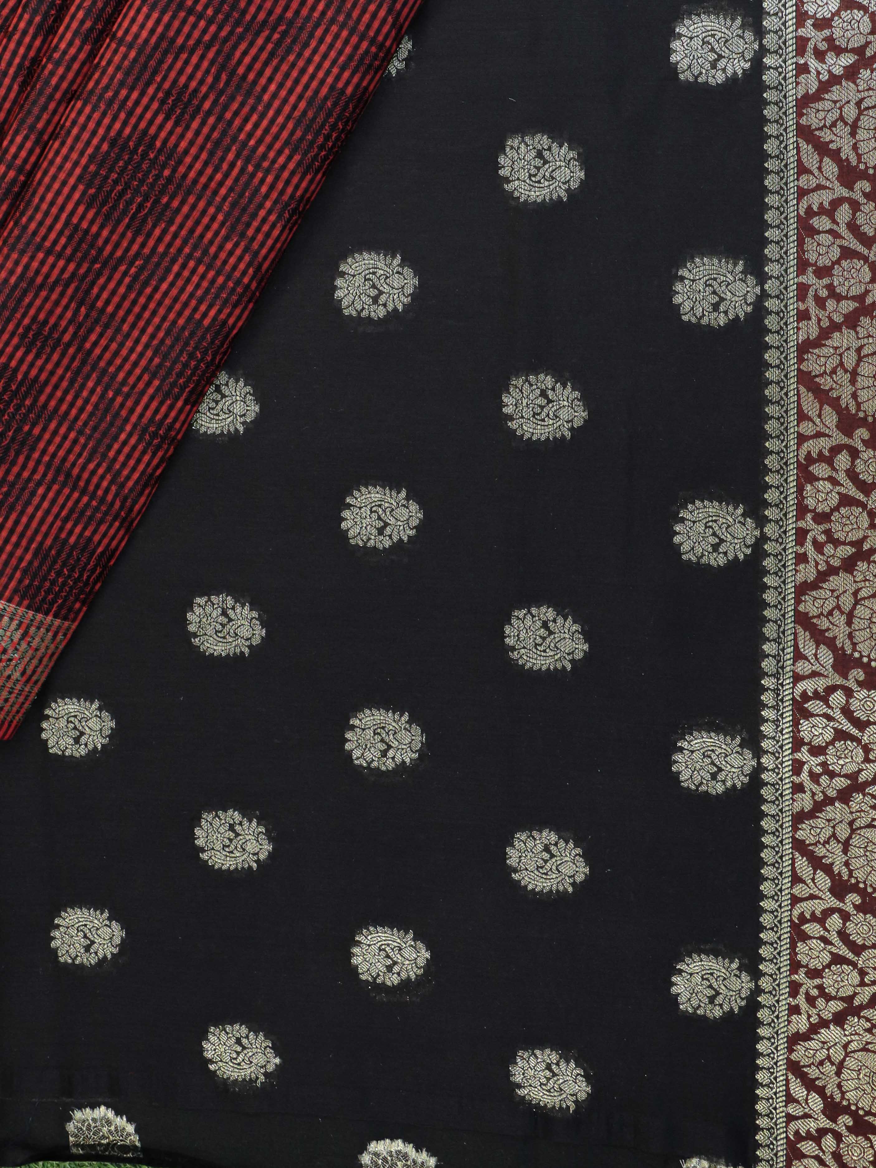 Banarasee Cotton Silk Salwar Kameez Fabric With Cotton Dupatta-Black & Red