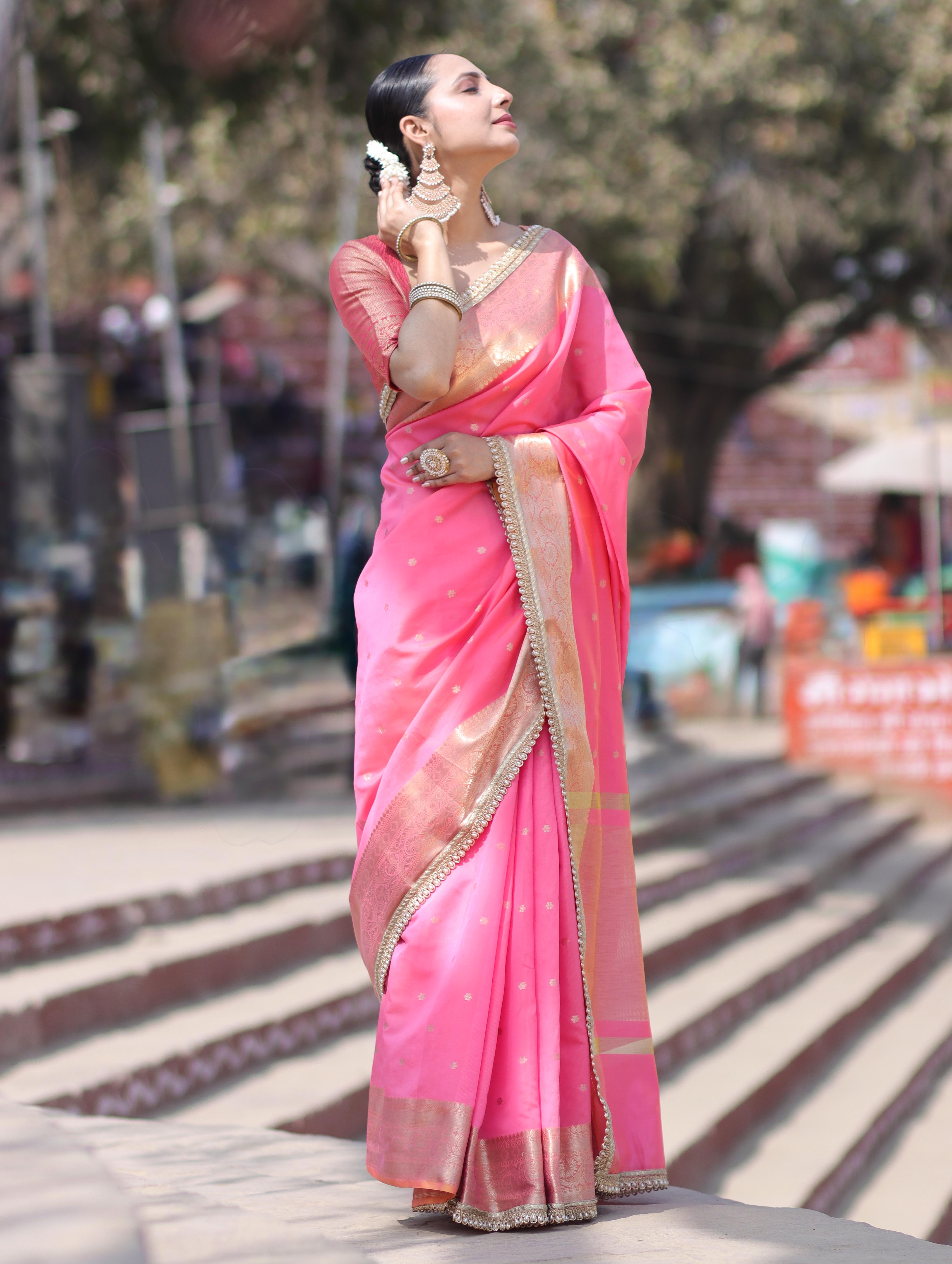 Banarasee Handloom Semi Silk Saree With Buti Design Zari Border & Lace-Hot Pink