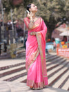 Banarasee Handloom Semi Silk Saree With Buti Design Zari Border & Lace-Hot Pink