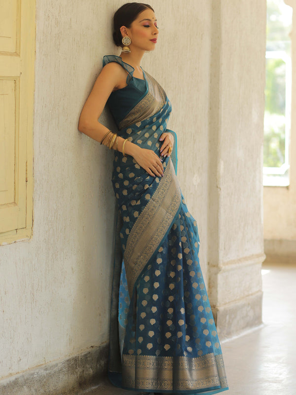 Banarasee Organza Mix Saree With Zari Buti Design & Border-Cobalt Blue
