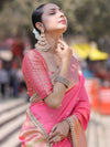 Banarasee Handloom Semi Silk Saree With Buti Design Zari Border & Lace-Hot Pink