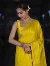 Banarasee Mashru Silk Saree With Zari Motifs & Floral Border-Yellow