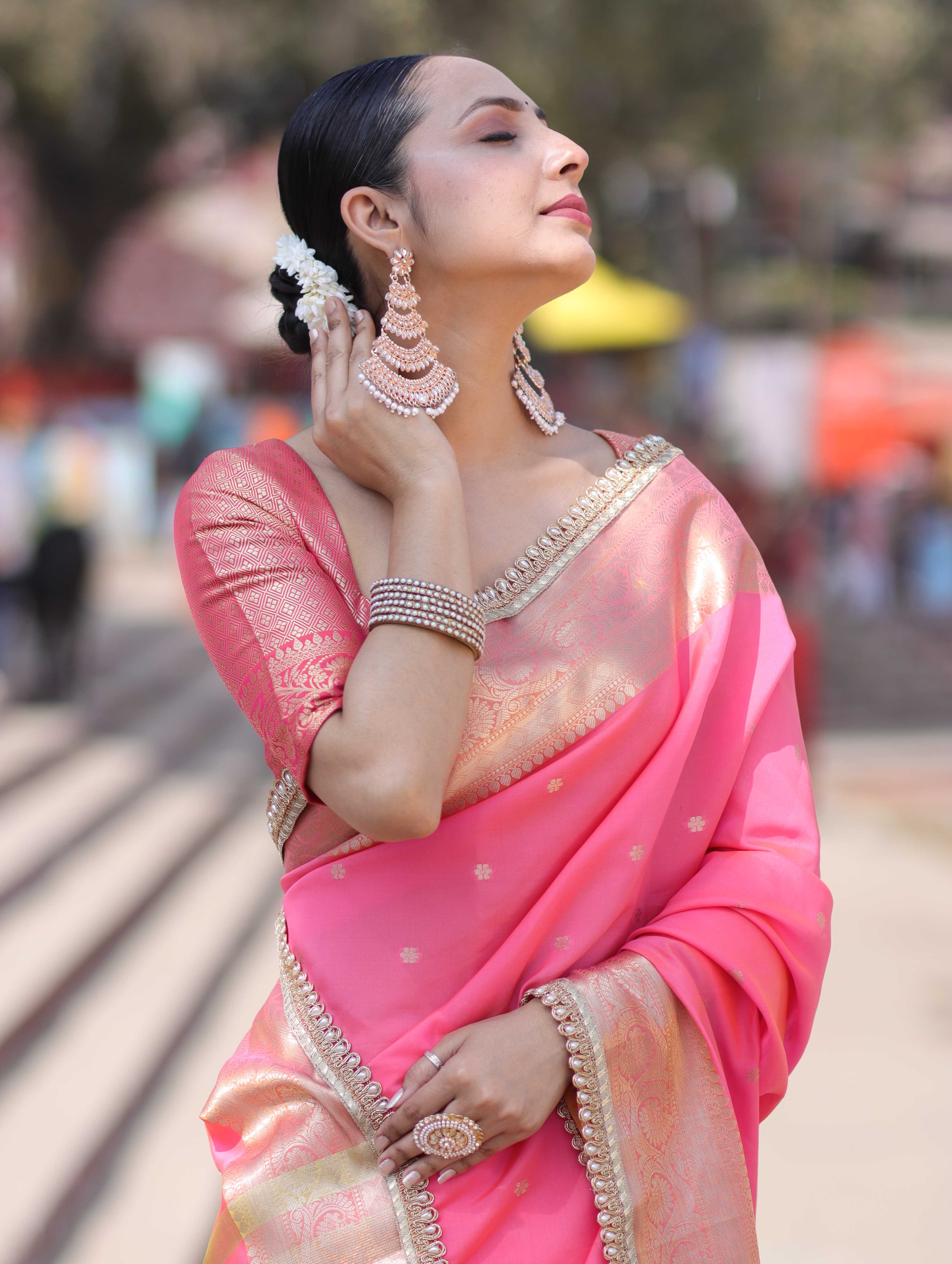 Banarasee Handloom Semi Silk Saree With Buti Design Zari Border & Lace-Hot Pink
