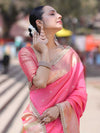 Banarasee Handloom Semi Silk Saree With Buti Design Zari Border & Lace-Hot Pink