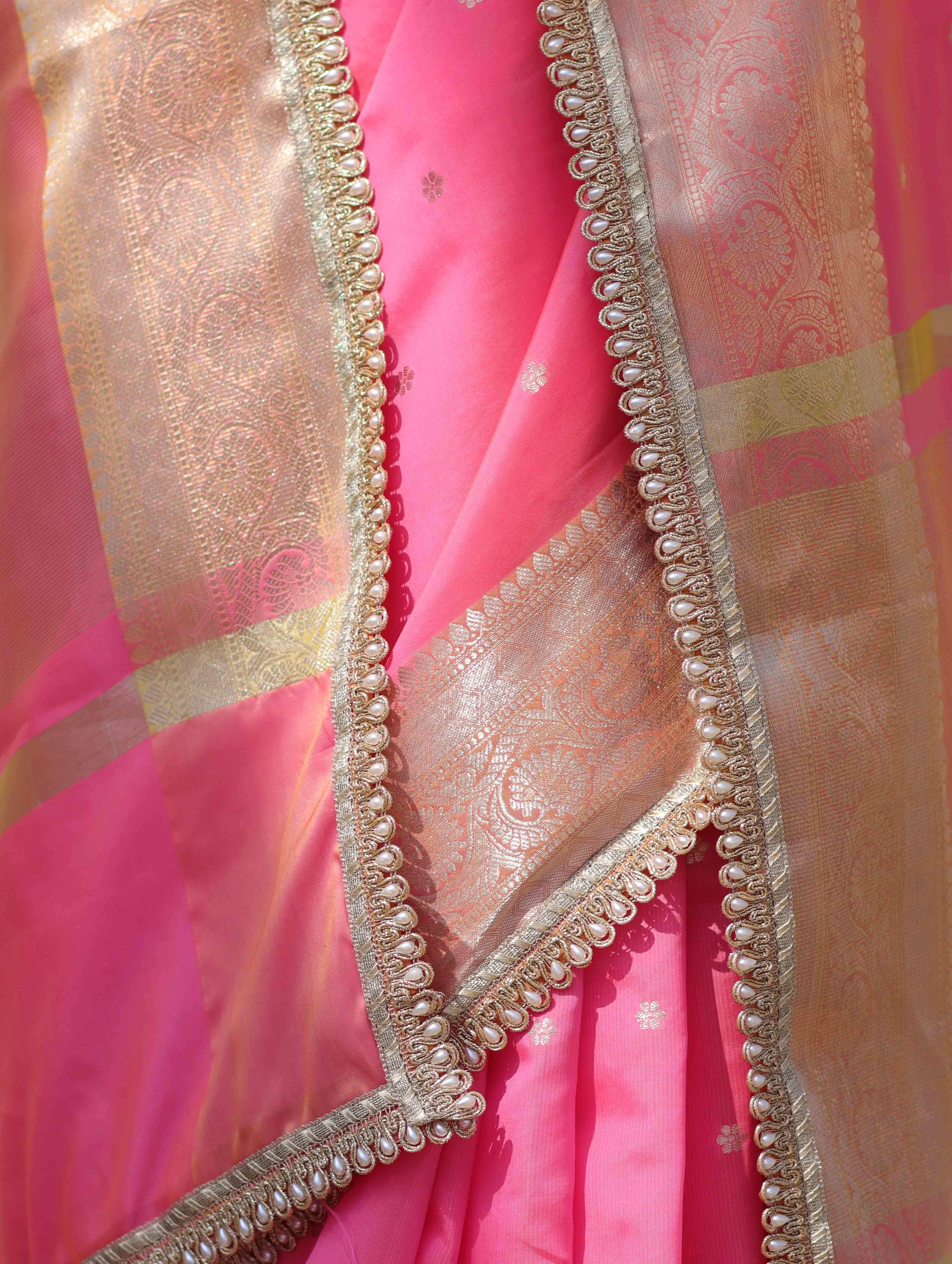 Banarasee Handloom Semi Silk Saree With Buti Design Zari Border & Lace-Hot Pink