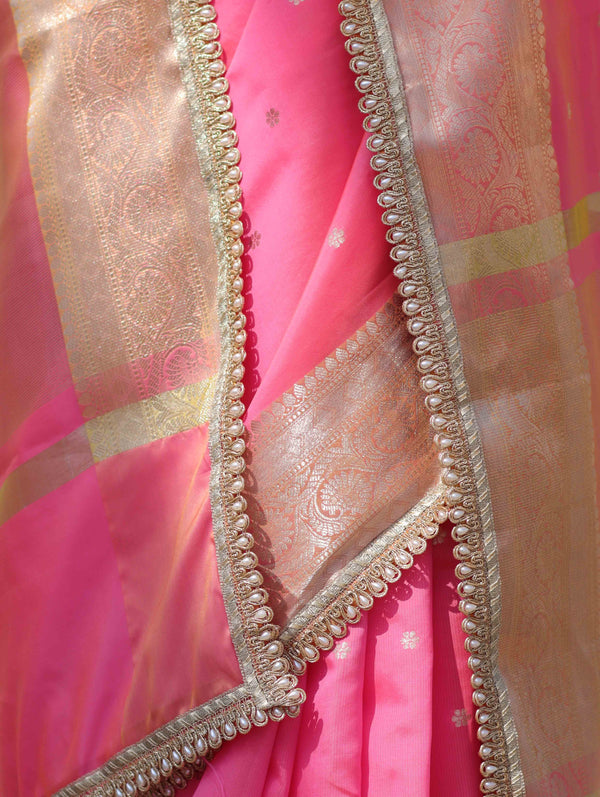 Banarasee Handloom Semi Silk Saree With Buti Design Zari Border & Lace-Hot Pink