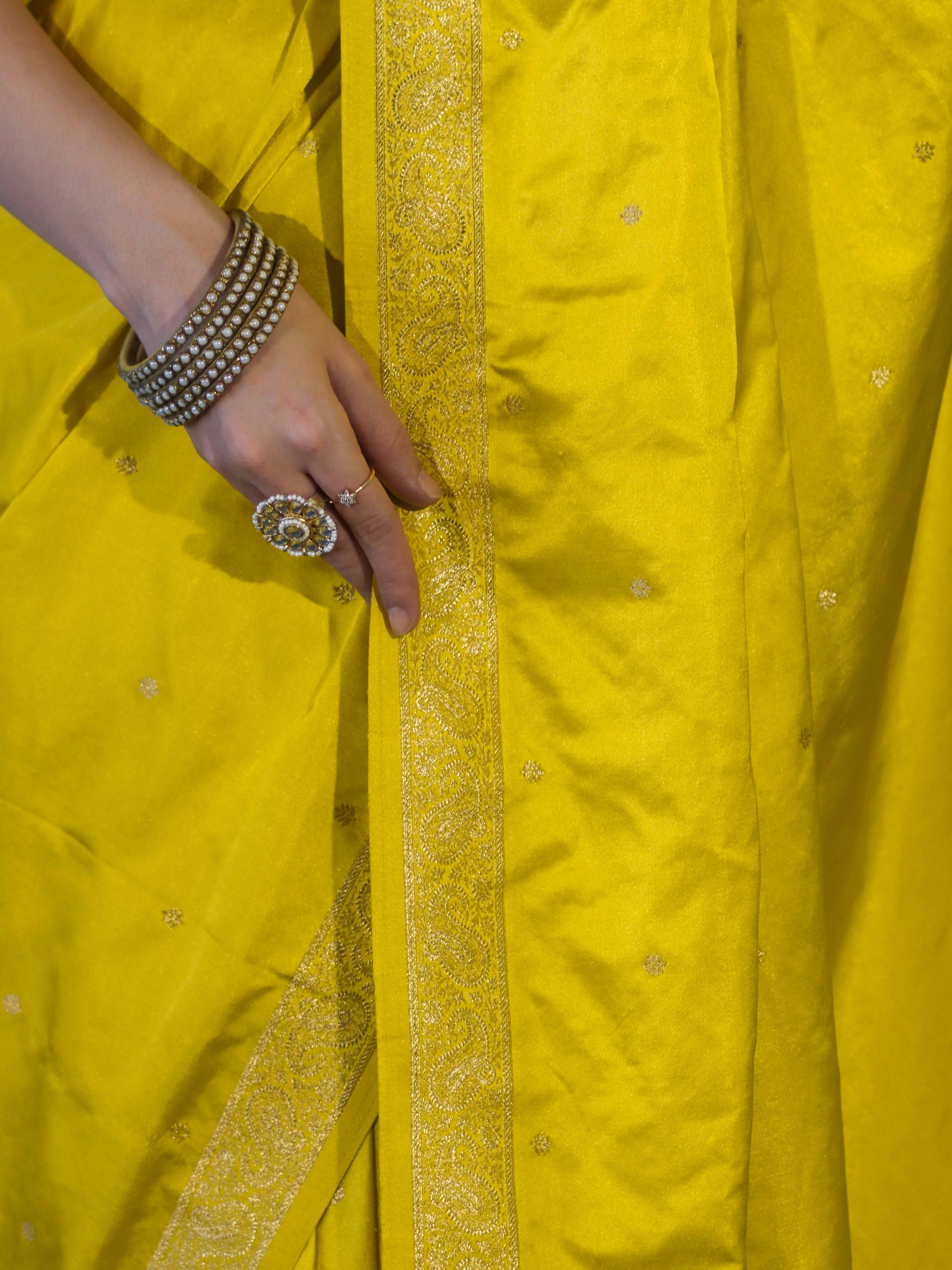 Banarasee Mashru Silk Saree With Zari Motifs & Floral Border-Yellow