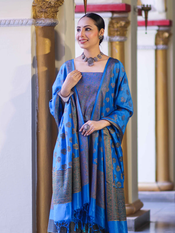 Banarasee Semi Katan Jamewar Weaving Salwar Kameez Fabric With Dupatta Set-Blue