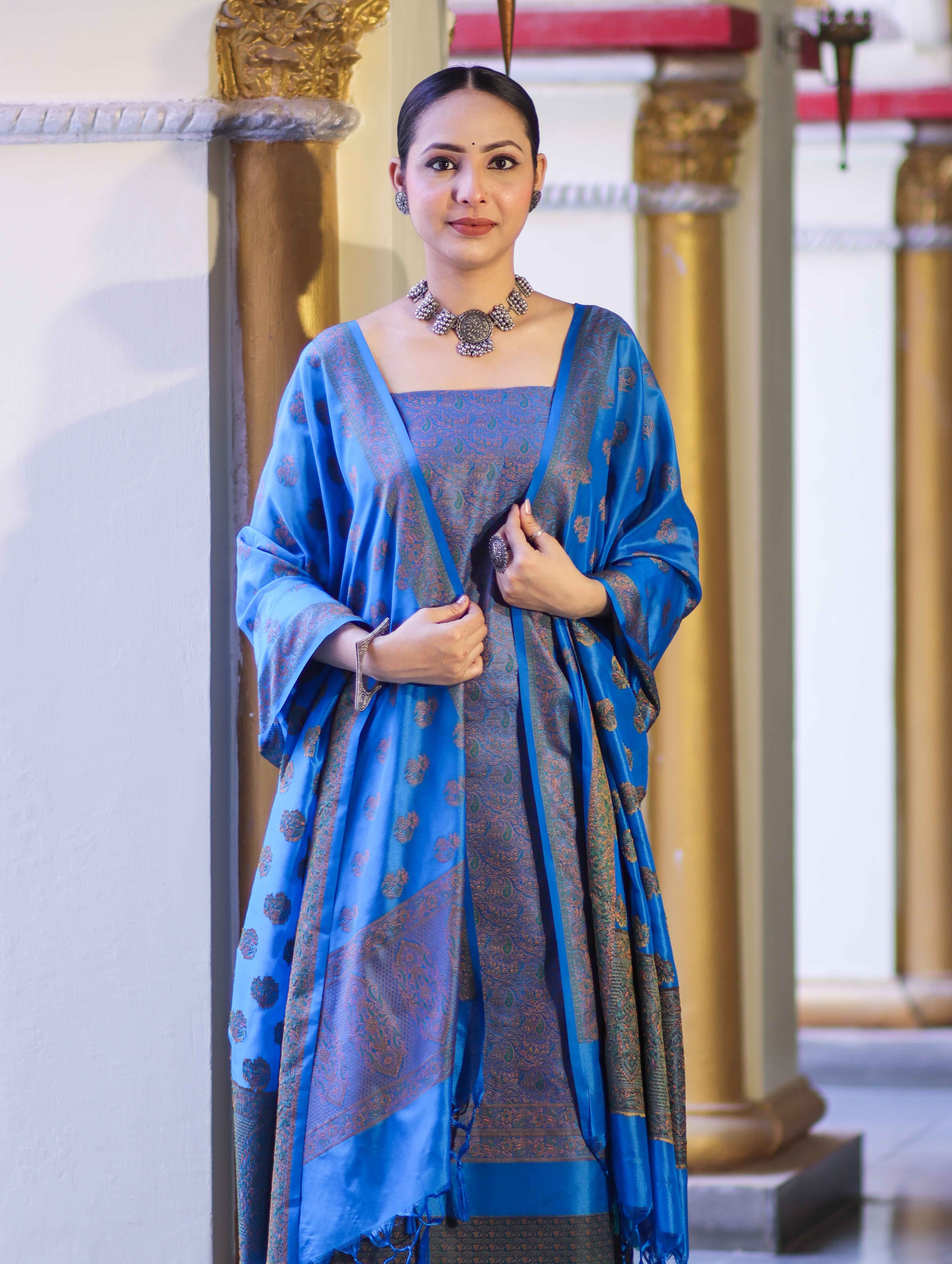 Banarasee Semi Katan Jamewar Weaving Salwar Kameez Fabric With Dupatta Set-Blue