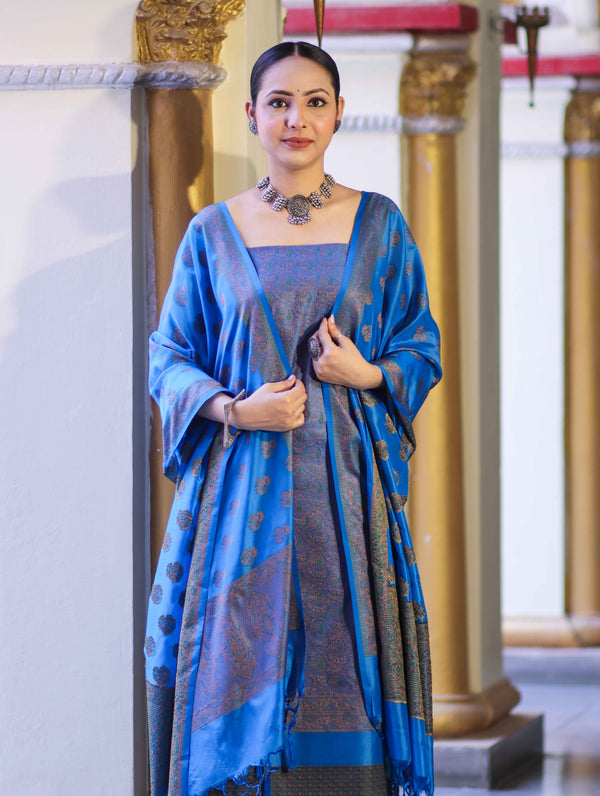 Banarasee Semi Katan Jamewar Weaving Salwar Kameez Fabric With Dupatta Set-Blue