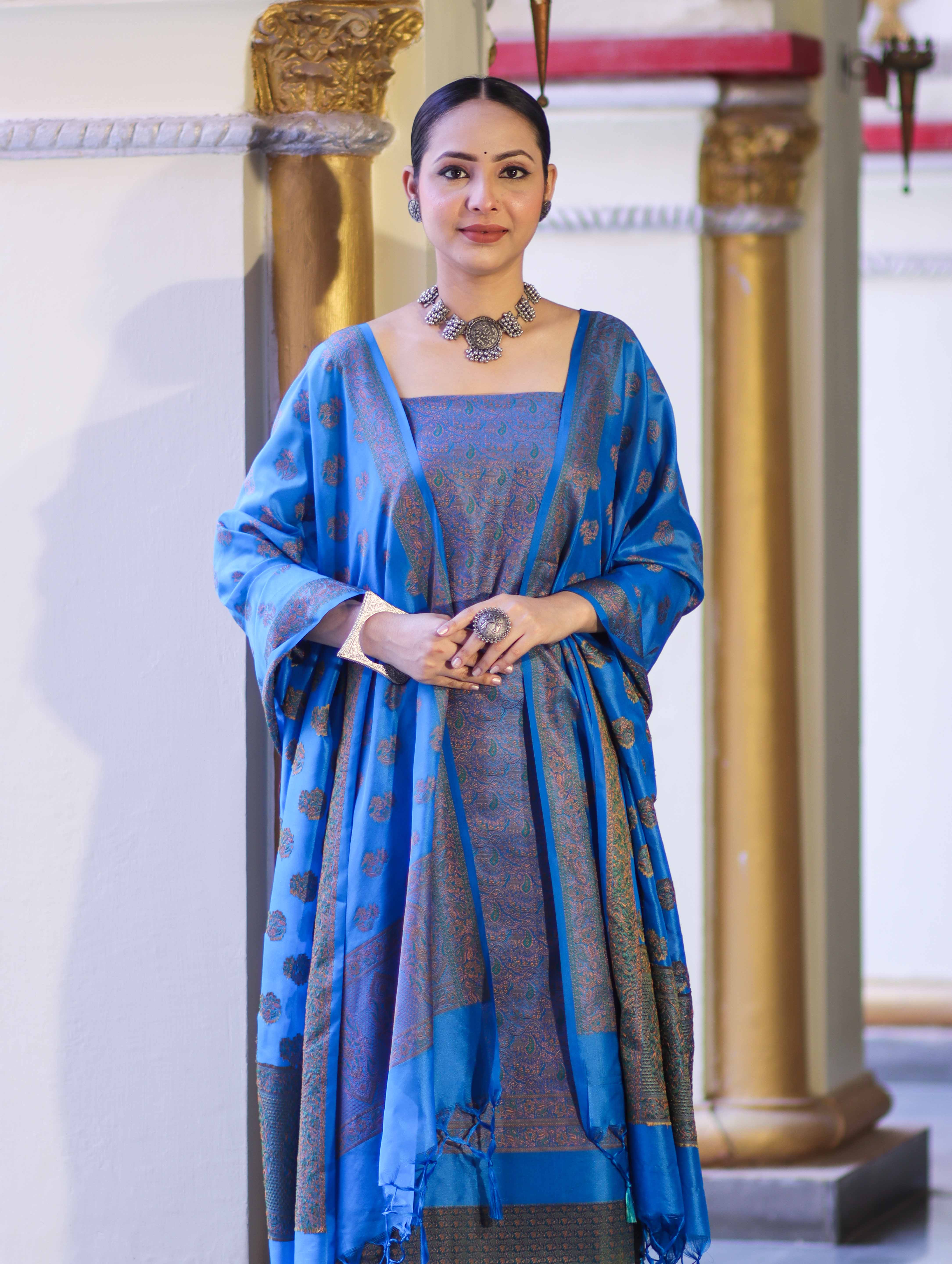 Banarasee Semi Katan Jamewar Weaving Salwar Kameez Fabric With Dupatta Set-Blue