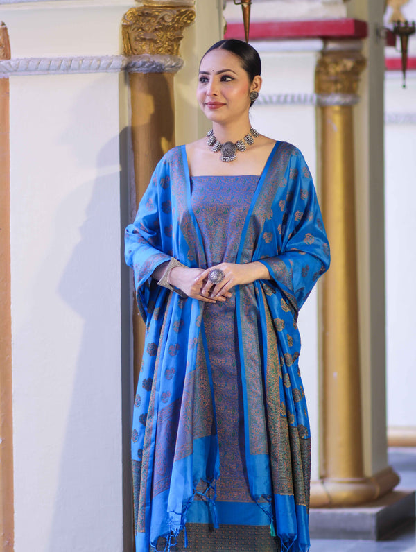 Banarasee Semi Katan Jamewar Weaving Salwar Kameez Fabric With Dupatta Set-Blue