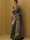 Banarasee Handwoven Semi-Katan Zari Jaal & Border Saree-Cobalt Blue