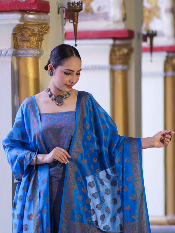 Banarasee Semi Katan Jamewar Weaving Salwar Kameez Fabric With Dupatta Set-Blue