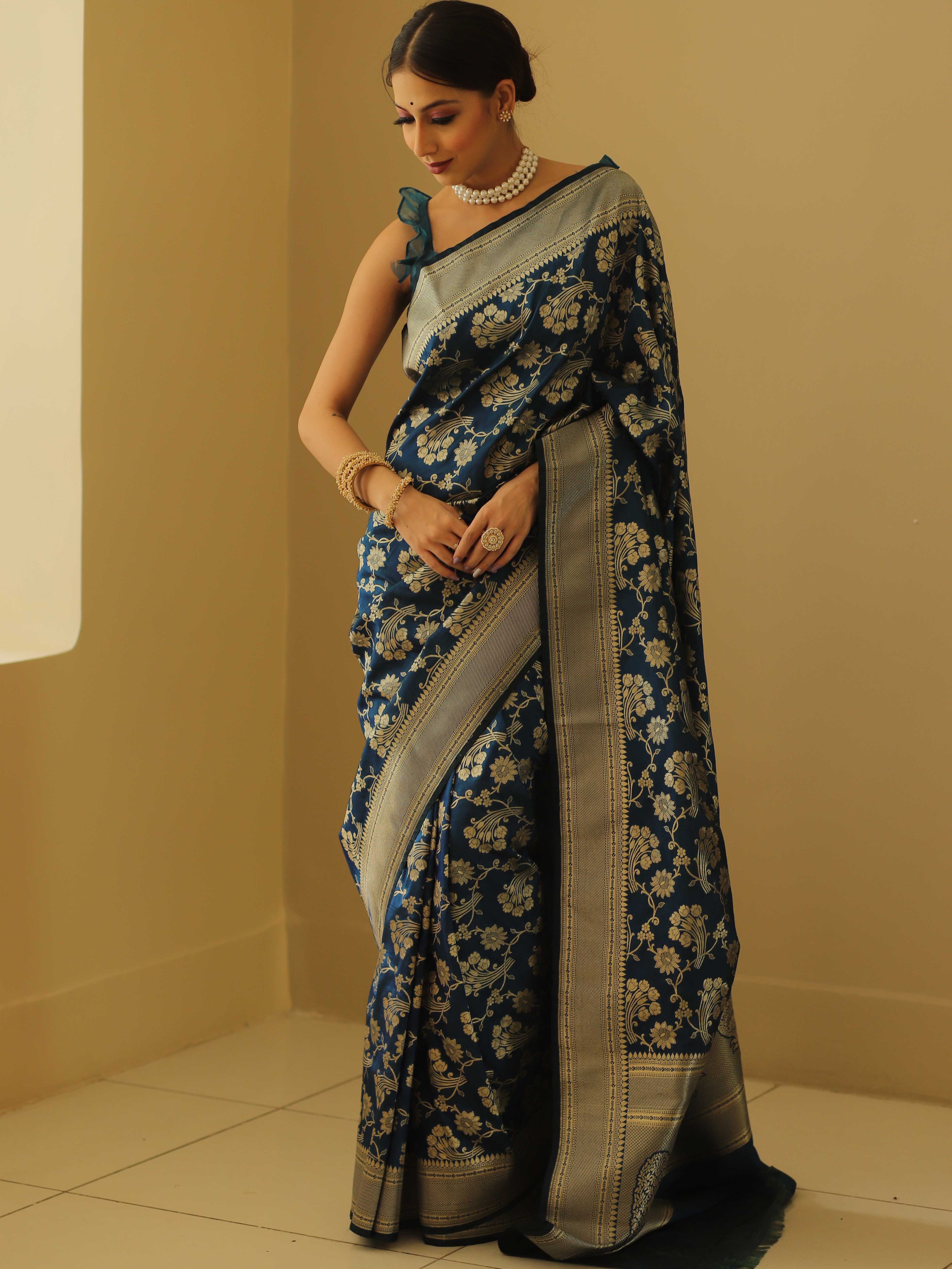 Banarasee Handwoven Semi-Katan Zari Jaal & Border Saree-Cobalt Blue