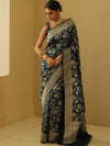 Banarasee Handwoven Semi-Katan Zari Jaal & Border Saree-Cobalt Blue