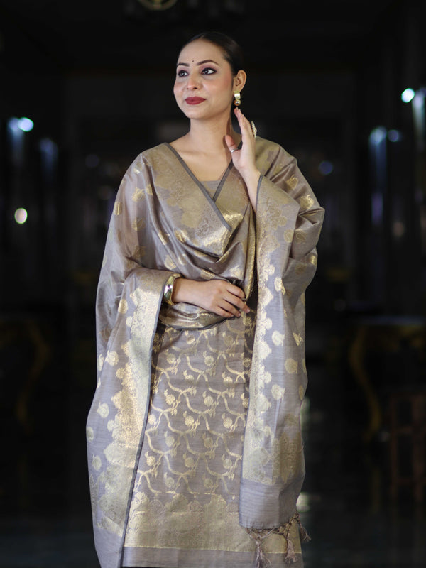 Banarasee Cotton Silk Zari Work Salwar Kameez Fabric With Dupatta Set-Brown