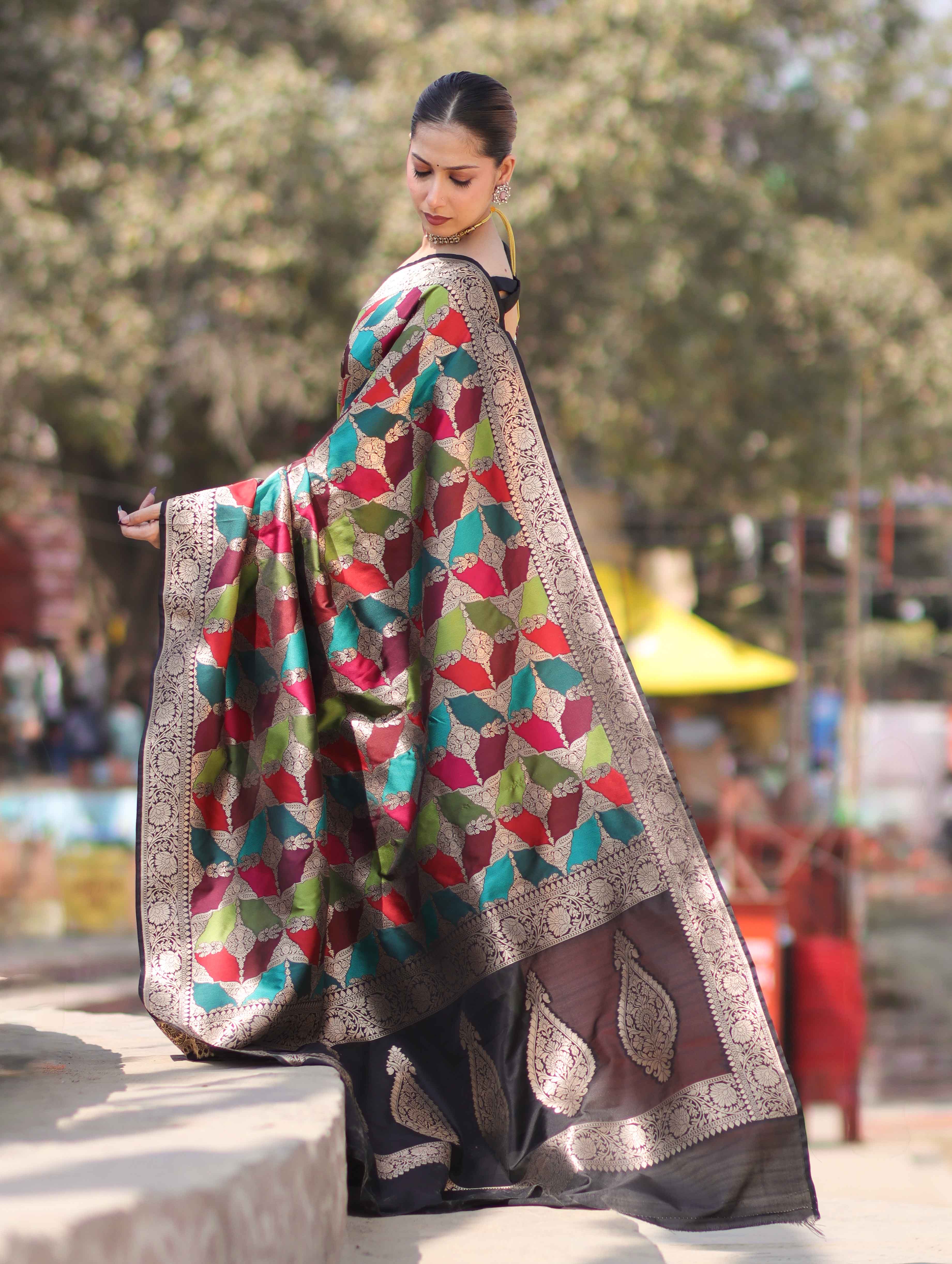 Banarasee Handwoven Semi Katan Saree With Rangkat Design & Gold Zari Work-Black