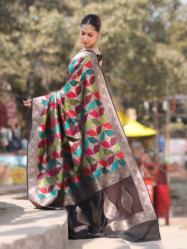 Banarasee Handwoven Semi Katan Saree With Rangkat Design & Gold Zari Work-Black