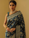 Banarasee Handwoven Semi-Katan Zari Jaal & Border Saree-Cobalt Blue