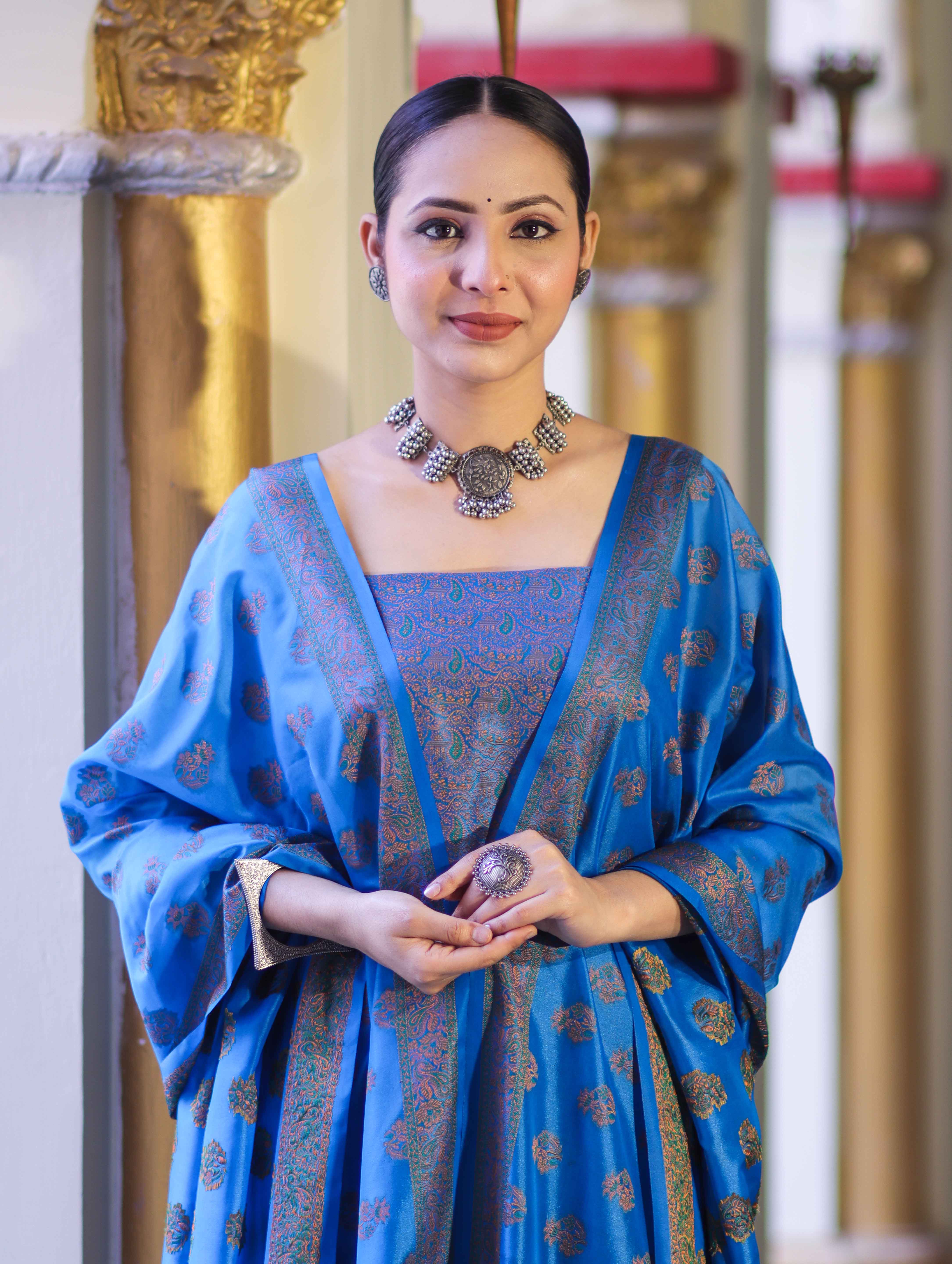 Banarasee Semi Katan Jamewar Weaving Salwar Kameez Fabric With Dupatta Set-Blue