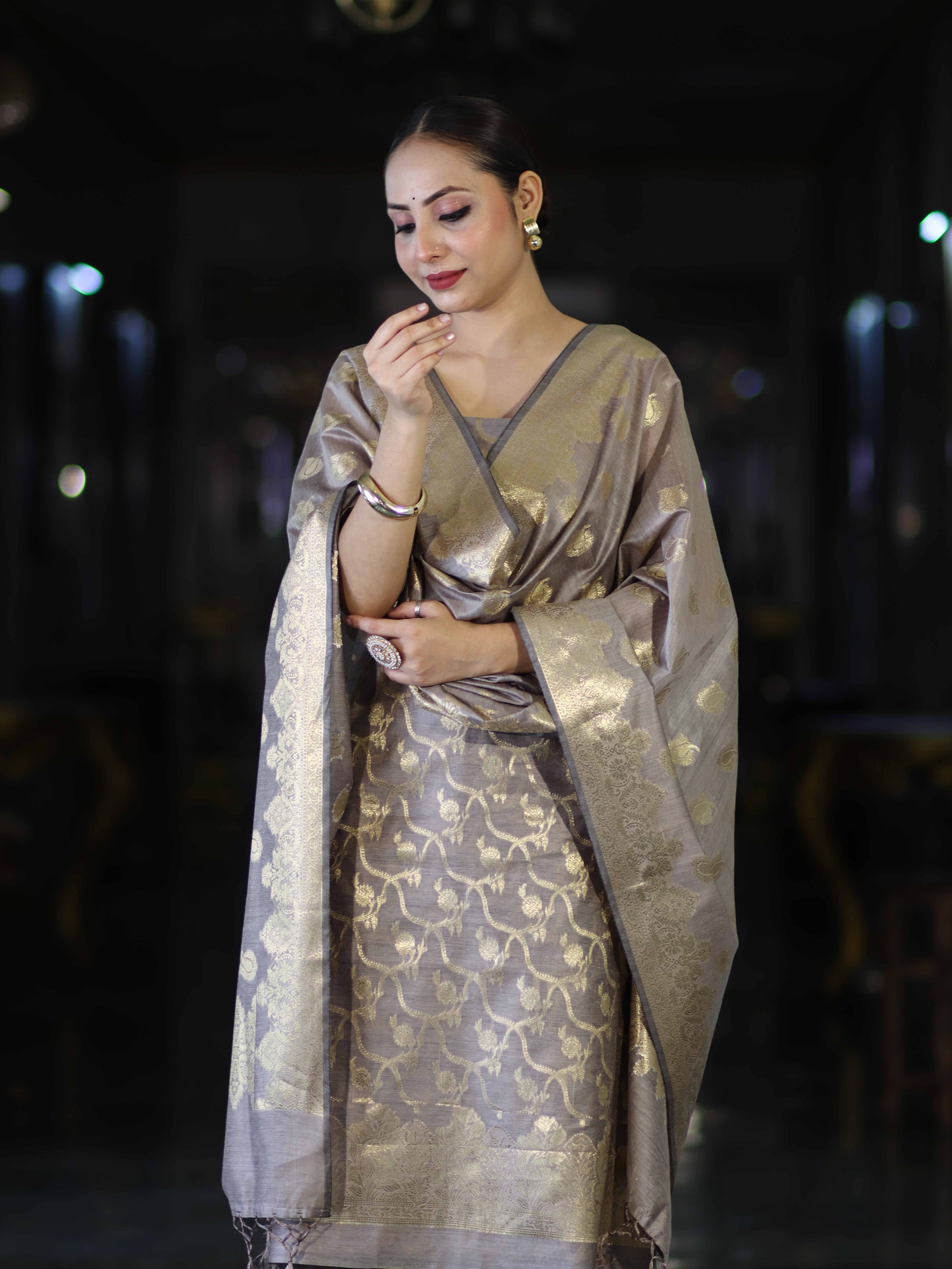 Banarasee Cotton Silk Zari Work Salwar Kameez Fabric With Dupatta Set-Brown