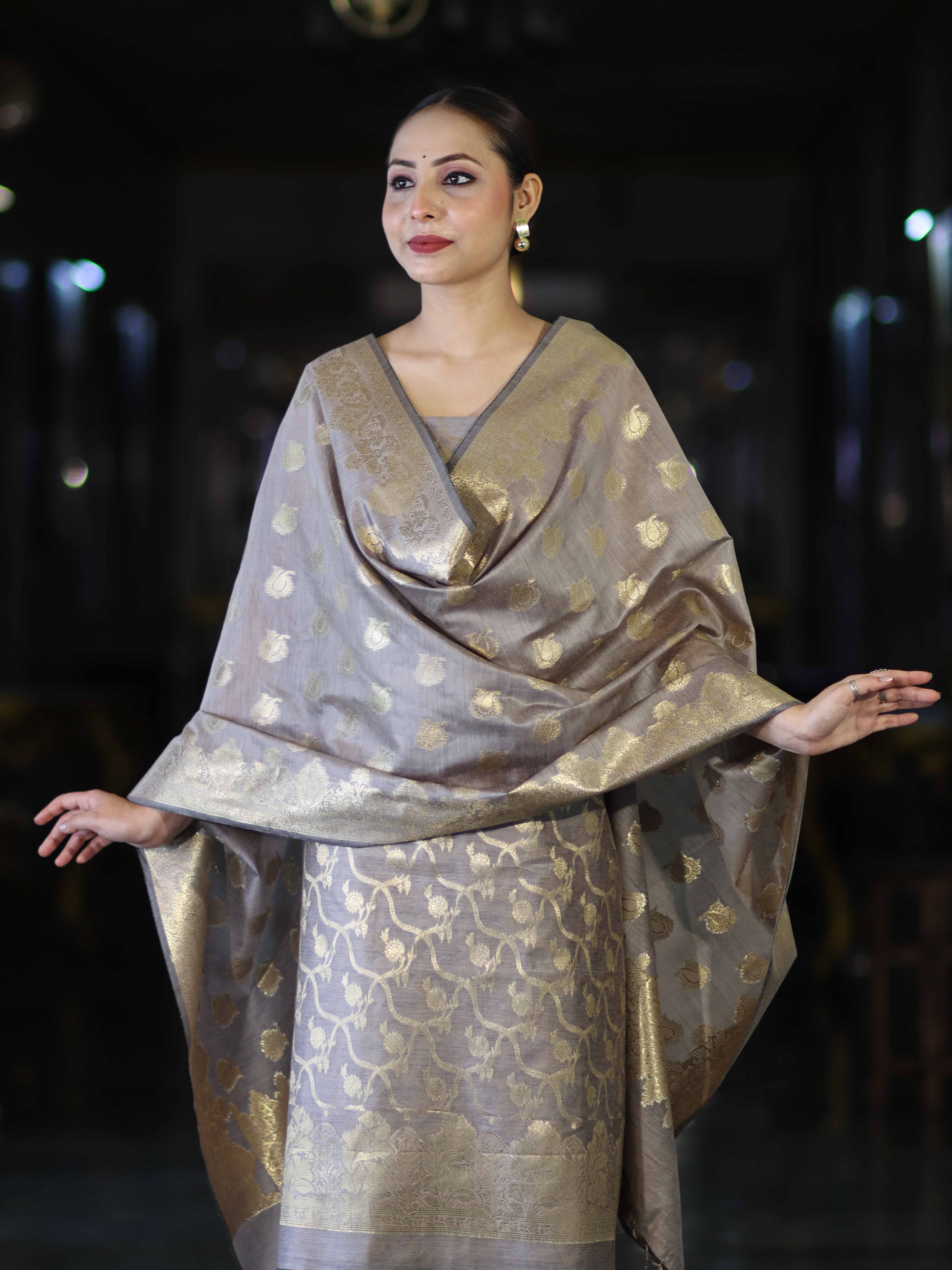 Banarasee Cotton Silk Zari Work Salwar Kameez Fabric With Dupatta Set-Brown