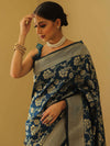 Banarasee Handwoven Semi-Katan Zari Jaal & Border Saree-Cobalt Blue