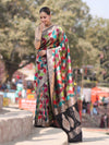 Banarasee Handwoven Semi Katan Saree With Rangkat Design & Gold Zari Work-Black